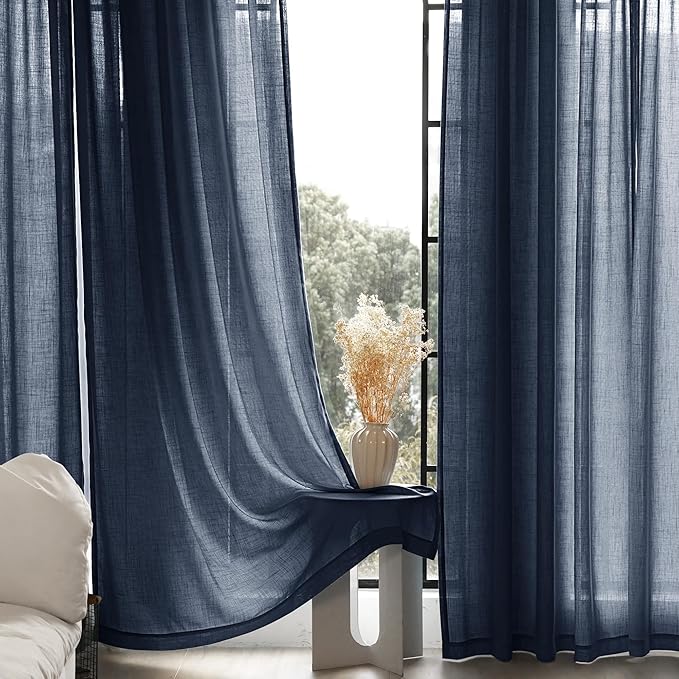 Navy Blue Curtains 84 inch Length for Bedroom Back Tab Light Filtering Semi Sheer Blue Living Room Curtains Linen Cotton Textured Indigo Blue Drapery Panel Modern Aesthetic Decor 60" Wx84 L
