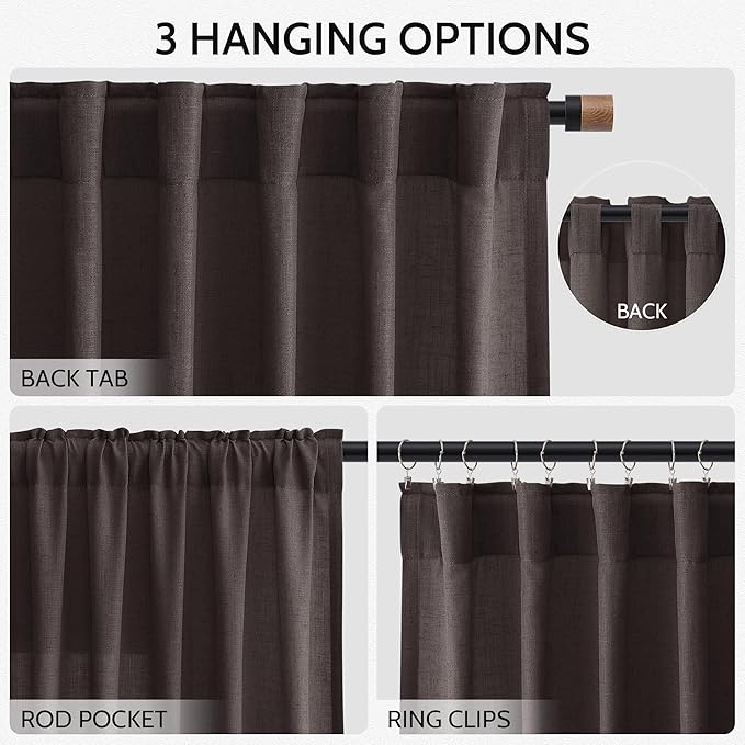 Cocoa Coffee Curtains 63 Inches Long 2 Panel Sets for Living Room Bedroom, Light Filtering Linen Drapes for Kitchen Windows Rod Pocket or Back Tab Curtain,Semi Sheer 52x63