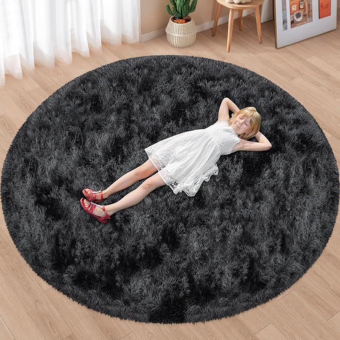 7x7 ft Tie Dye Black Round Rug for Bedroom Room Fluffy Circle Rug Furry Carpet Shaggy Circular Fuzzy Washable Non-Slip Large Area Rug Soft Indoor for Living Room Cute Aesthetic Home Decor