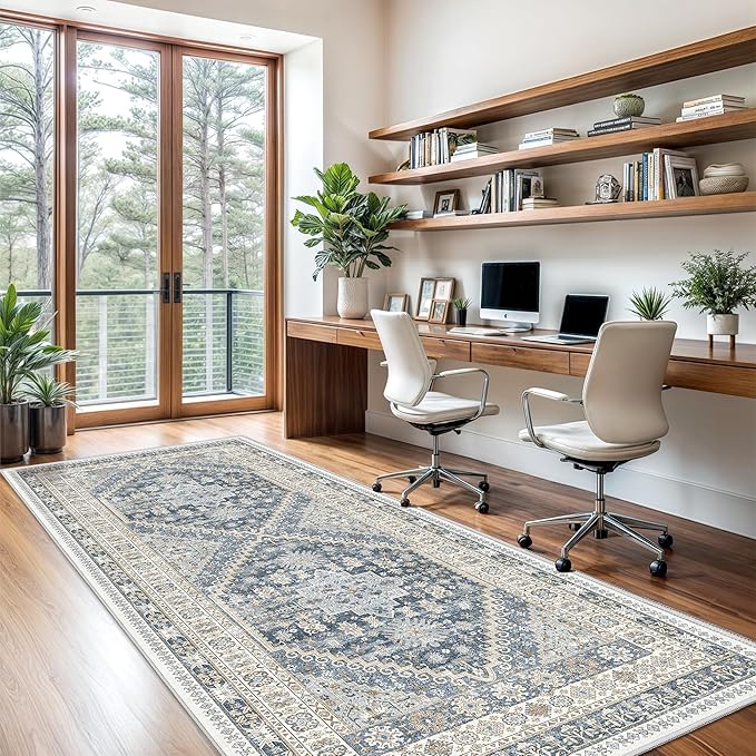3x8 Runner Rug Non Slip Washable for Entryway, Front Porch, Vintage Hallway Runner for Laundry Room, Bedroom, Stain Resistant Thin Indoor Kitchen Mats for Floor(Blue/Beige,3'x8')