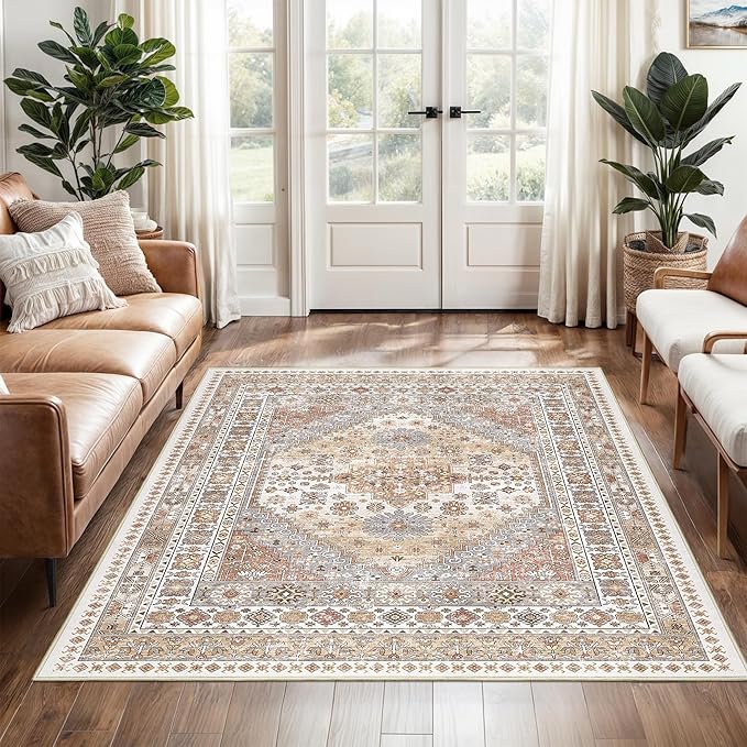 4x6 Area Rugs for Living Room, Non-Slip Backing Small Kids Rugs for Bedroom, Vintage Floral Rug Home Decor, Low Pile Soft Washable Rug for Kitchen, Dining Room (Orange,4'x6')