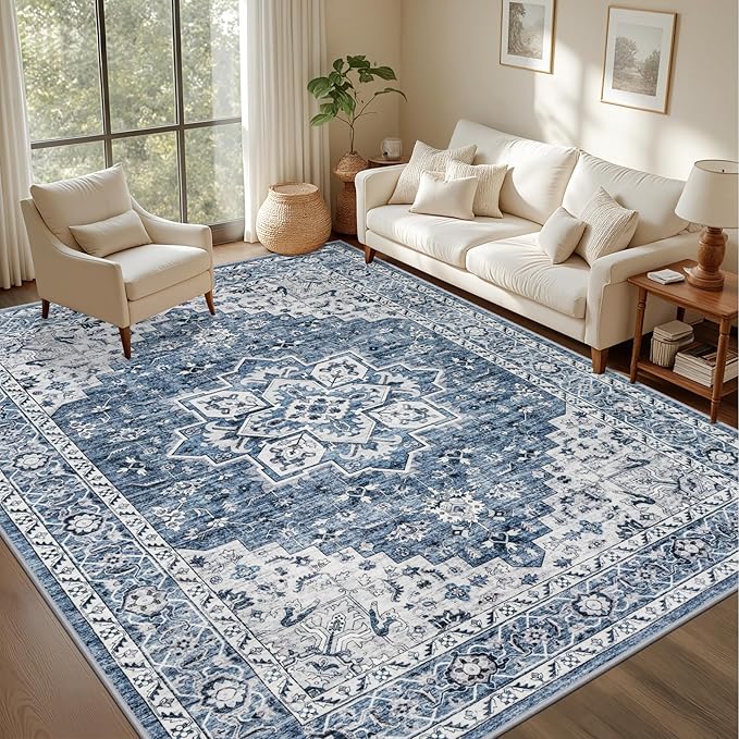 5x7 Area Rugs Living Room Rug: Washable Vintage Boho Medallion Rug No Slip Stain Resistant Soft Carpet Indoor Floor Large Carpets for Bedroom Dining Room Farmhouse Nursery Hallway Home Office Blue