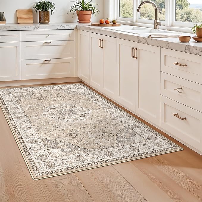 3x5 Living Room Area Rugs: Vintage Washable Non-Slip Rug for Bedroom Dining Room Soft Carpet for Nursery Kitchen Home Office Durable & Easy-Clean Design Perfect for Homes with Cats & Dogs(3x5 Beige)