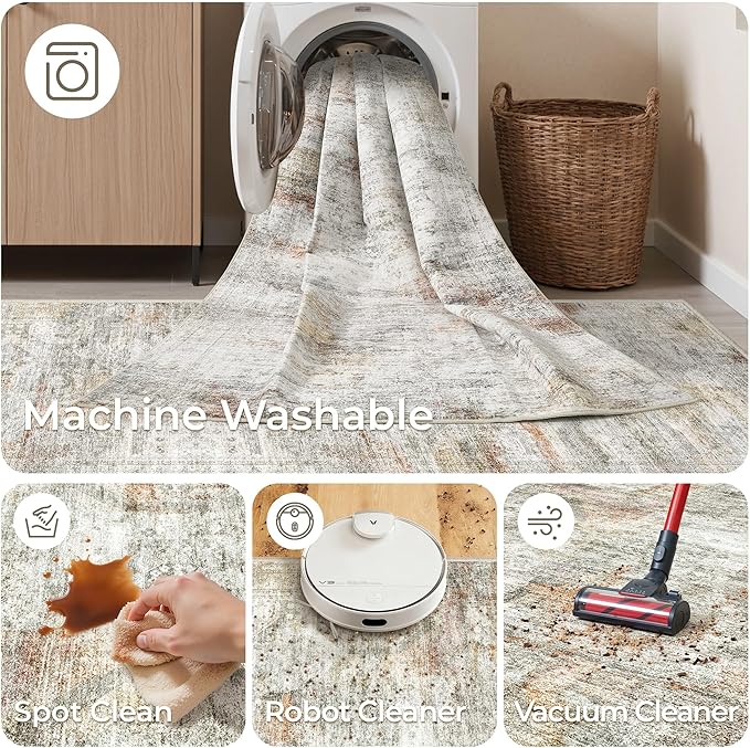 Washable Runner Rugs for Bedroom - 2x6 Runner Rug Non Slip, Ultra-Thin Entryway Runner, Soft Abstract Kitchen Runner for Hallway, Laundry, Bathroom, Indoor Door Mat(2'x6', Grey/Rust)