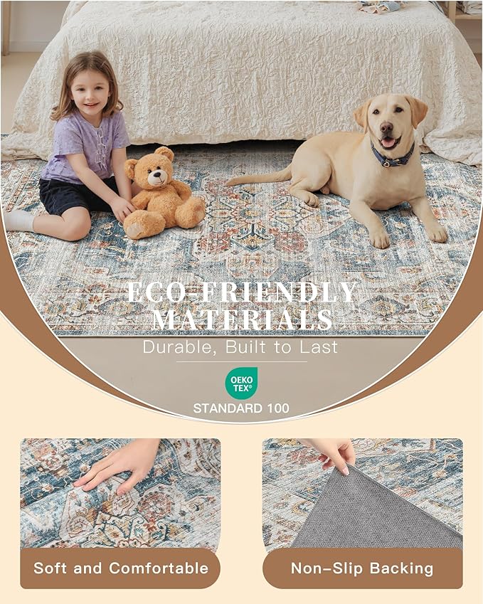 Madane Runner Rug 2'6''x8' Kitchen Runner, Hallway Runner Printed Vintage Washable Rugs Soft Non-Slip Low Pile Runners for Hallways Laundry Room Distressed Floor Carpet, Navy
