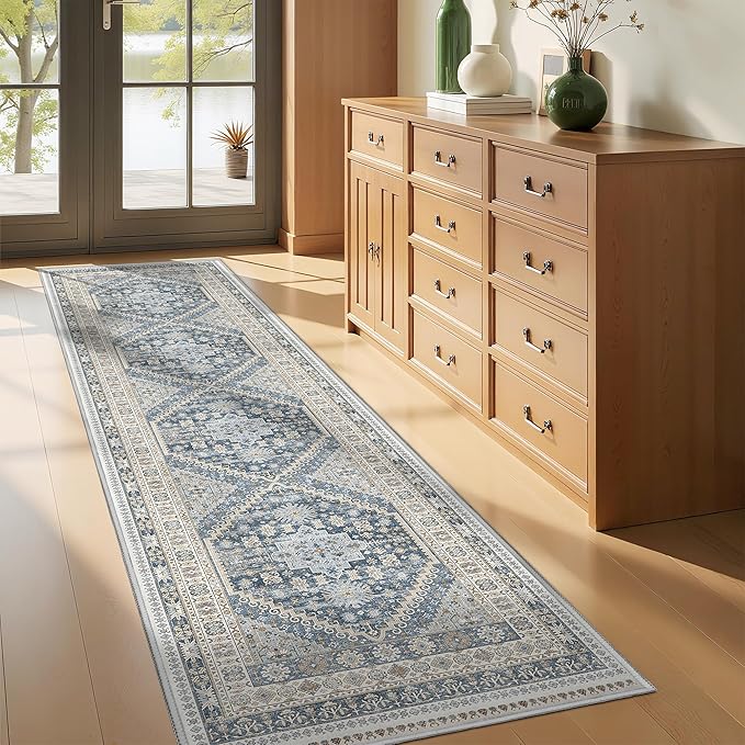 Runner Rug 2x8 Runners for Hallways Non Slip Washable, Vintage Hallway Runner Rugs for Living Room, Low Pile Soft Hallway Rug for Kitchen Bedroom Laundry Room(Blue/Beige,2'x8')