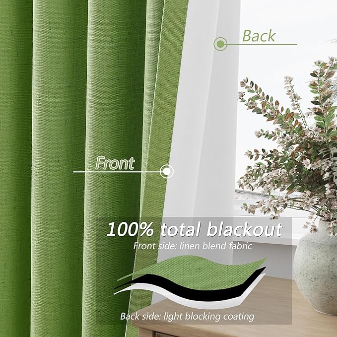 Guken 100% Blackout Curtains 84 Inch Length 2 Panels Set for Living Room Bedroom Back Tab Thermal Insulated Black Out Linen Drapes Room Darkening Lime Green,52x84