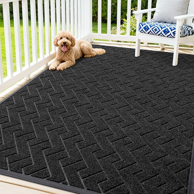 OLANLY Front Door Mat Indoor Outdoor Entrance, Waterproof All-Season, All-Weather Doormat, Sturdy Natural Rubber, Low Profile, Easy Clean Patio Porch Entryway Mat, Herringbone Brick (Black, 71x47)