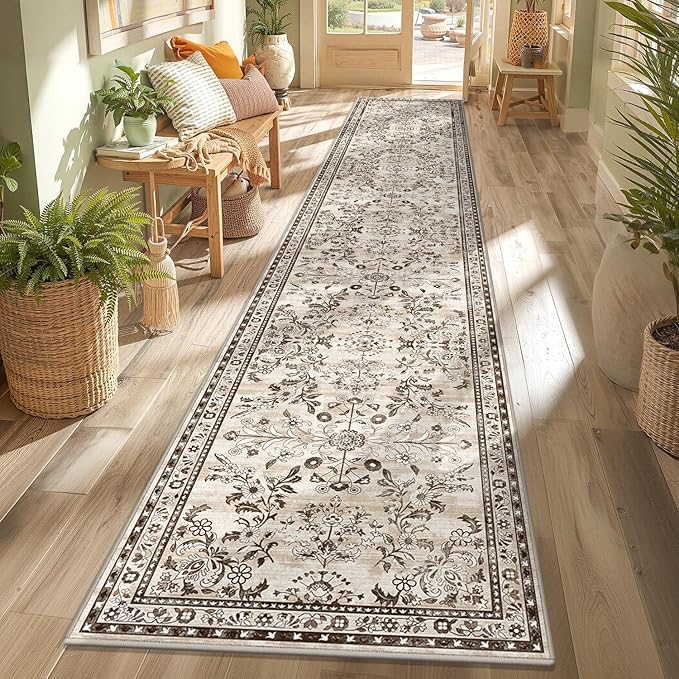 Yamaziot Washable Runner Rug 2x12 – Floral Non Slip Boho Hallway Runner Rug with Rubber Backing, Low Pile Faux Wool Distressed Carpet for Kitchen, Laundry, Bedroom, Entrance, Brown