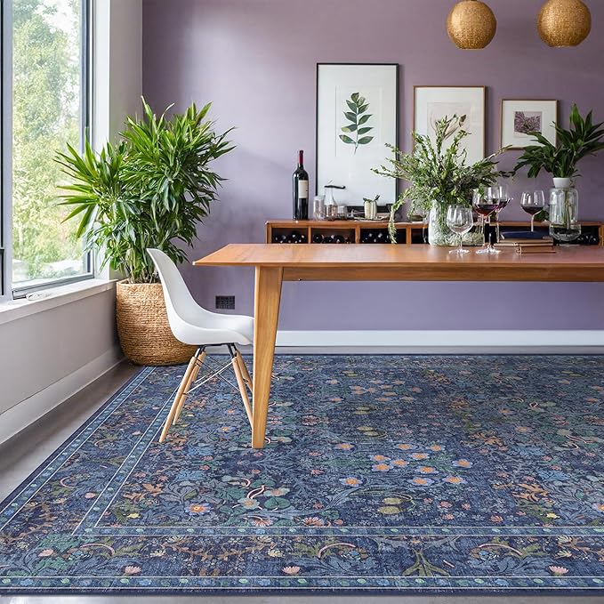 Hazo Haus Dark Blue Living Room Rug 8x10, Vintage Floral Washable Area Rugs for Bedroom, Dining Room Under Kitchen Table, Oriental Low Pile Stain Resistant Non-Slip Large Navy Decor