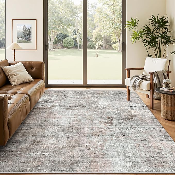 6x9 Abstract Area Rugs for Living Room 6 x 9 Washable Grey Pink Non Slip Low Pile Rugs for Bedroom Dining Room Foldable Thin