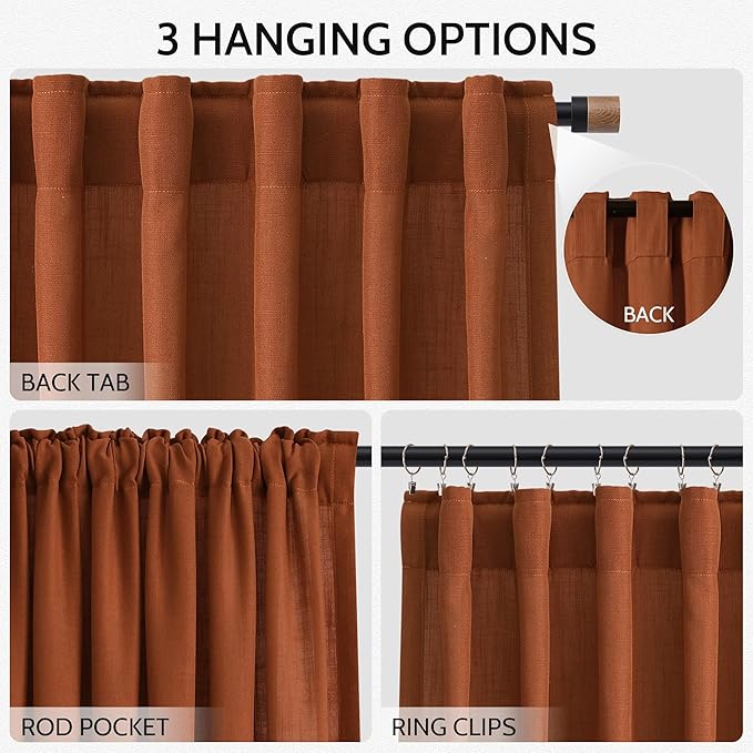 Rust Linen Curtains 108 Inches Long for Living Room Light Filtering Semi Sheer Curtain Back Tab Vintage Rustic Decor Extra Long Floor to Ceiling High Window for Bedroom Office 52x108, 2 Panels