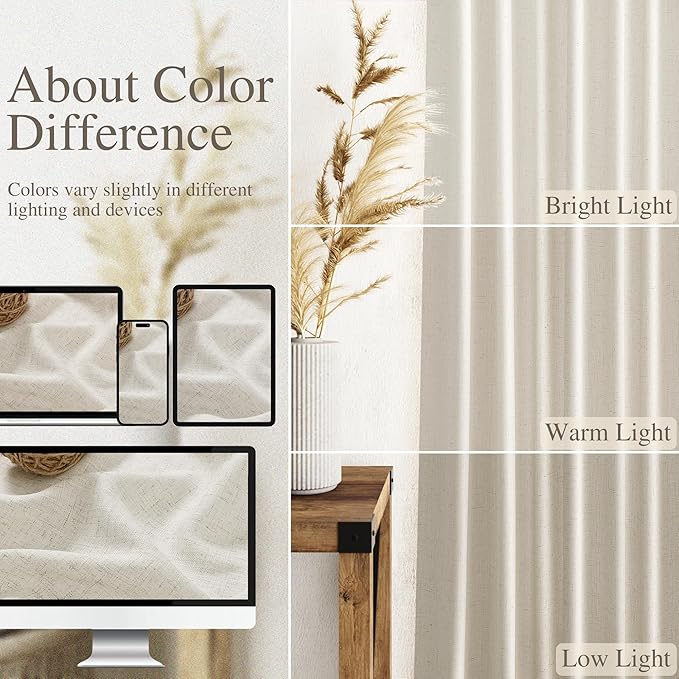 Nanspring Mousse White Linen Curtains 96 Inches Long for Living Room Simple Modern Luxury Light Filtering Semi Sheer Curtain Back Tab Neutral Coastal Decor Drapes for Bedroom Office 52x96, 2 Panels