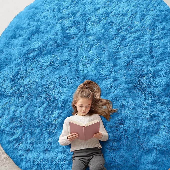 OLANLY Bright Blue Round Rugs for Bedroom - Machine Washable, 9 ft Circle Area Rugs for Living Room, Soft and Fluffy Shaggy Carpet for Teen Girl and Boys, Nursery Rooms, Dorms, Home Decor Aesthetic