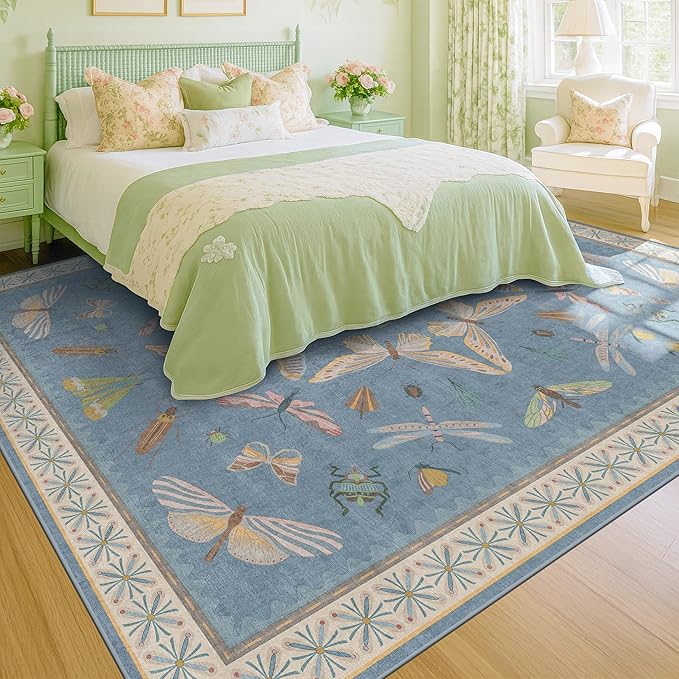 Hazo Haus Insect Light Blue Rug for Living Room - 9x12 Cute Rugs for Bedroom, Moth Floral Boho Design, Low Pile Stain Resistant Washable, Perfect for High Traffic Area
