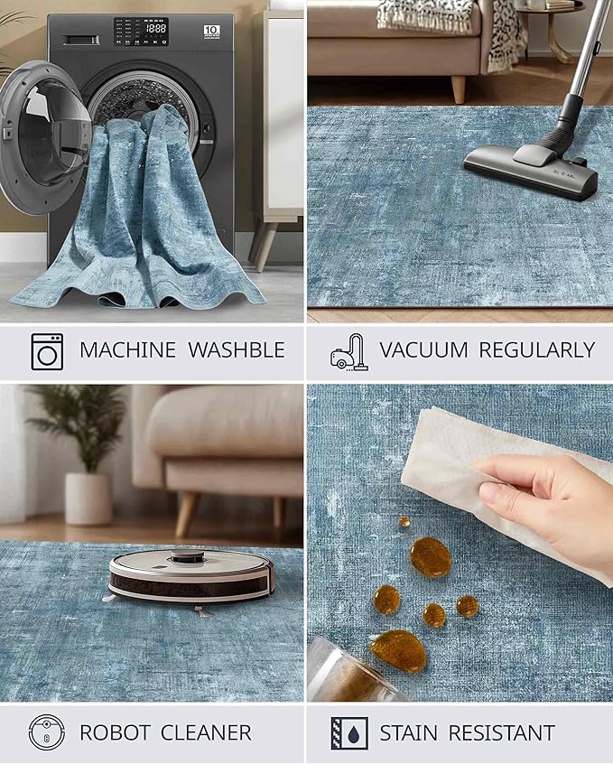 Latte&Fog 5x7 Area Rugs for Living Room Bedroom, Blue Modern Abstract Neutral Washable Rug, Boho Non Slip Low Pile Carpet for Dining Room, Dorm, Classroom, College Dorm, Farmhouse and Kids Room - Blue