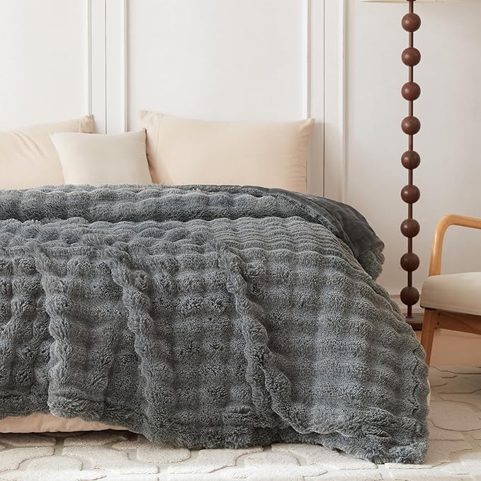 COOVA Faux Fur Throw Blanket for Couch, Cozy Soft and Fuzzy Plush Rabbit Fur Bubble Blanket for Sofa Bedroom Living Room, 50x60 Inches Cationic Light Grey