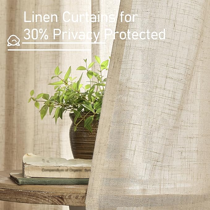 LAMIT Faux Linen Curtains 63 inches Long for Bedroom, Back Tab and Rod Pocket Linen Drapes Light Filtering Semi Sheer Curtains for Small Window/Farmhouse, 2 Panels (52 x 63 Inch, Brown)