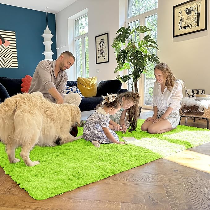 OLANLY 8x10 Machine Washable Large Area Rugs for Living Room, Bedroom, Soft Fluffy Shaggy Bedside Rug, Indoor Floor Carpet for Kids Girls and Boys, Dorms, Nursery, Home Decor Aesthetic, Lime Green