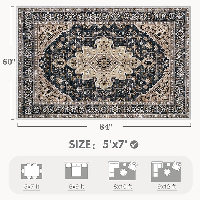 Area Rugs 5x7 Vintage Rug: Washable Living Room Rug Retro Medallion Distressed Large Soft Low Pile Non-Slip Indoor Floor Carpet for Bedroom Kitchen Nursery Dining Table Office (BeigeBlack, 5'x7')