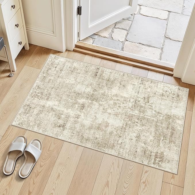2x3 Washable Rugs for Kitchen, Floor, Entryway, Powder Room Small Area Rug Non-Slip Vintage Low Pile Throw Door Mat Beige/Gray