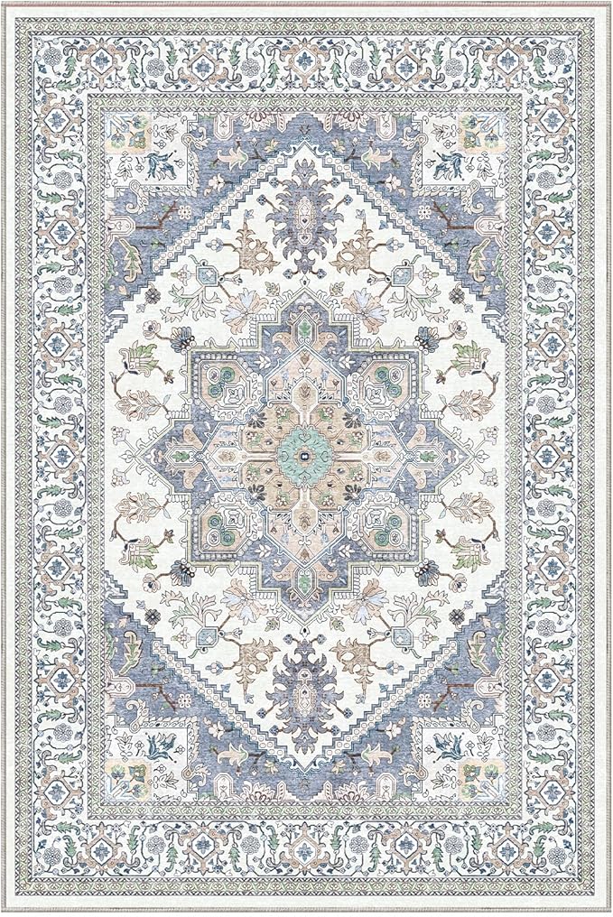 OPPODREAM Soft Throw Rugs 2x3, Small Washable Entryway Rugs 2 x 3 with Non Slip Backing, Low-Pile Faux Cashmere 2 x 3 Carpet, Purple & Green & Cream