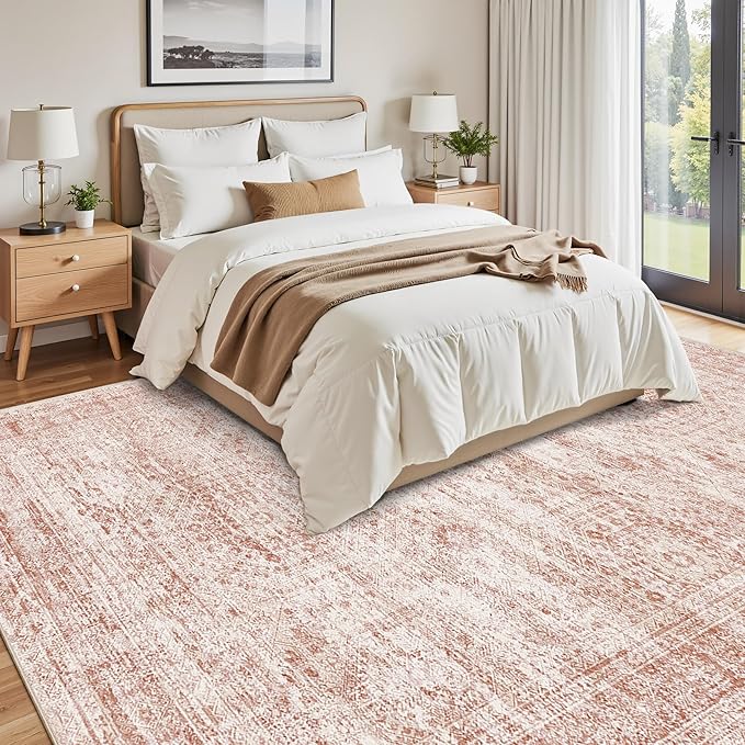 Soalmost 9x12 Area Rugs for Living Room, Non Slip Machine Washable Vintage Rugs, Low Pile Lightweight Large Rug for Bedroom, Dining Room, Home Office Pink