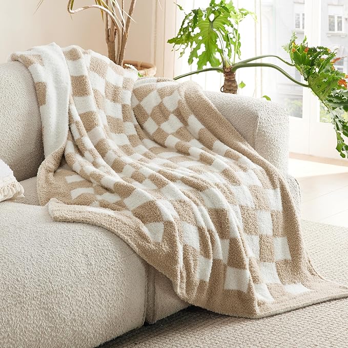 Bedsure GentleSoft Checkered Twin Blanket for Couch, Super Soft Cozy & Warm Knit Throw Blanket, Lightweight & Fluffy Plaid Blankets for Bedding, Sofa, Gifts for Women Men, Beige, 60x80 Inches