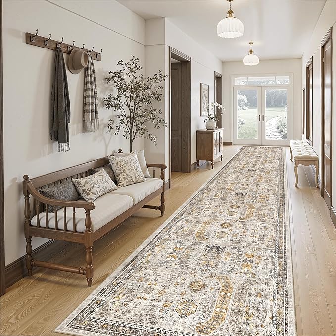 Madane Hallway Runner Rug 2'6''x14' Kitchen Runner, Non Slip Vintage Runners for Hallways Washable Kitchen Rugs Soft Low Pile 2.5x14 ft Rug Runner for Laundry Room, Entryway and Bedroom, Brown/Gold