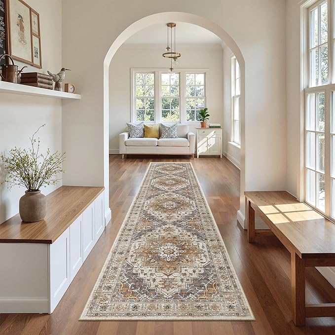 Madane Runner Rugs for Hallway 2x10 Long Washable Non-Slip Hallway Runner Rug Low-Pile Stair Kitchen Runner Throw Carpet for Entrance Living Dining Laundry Room (Turmeric/Grey, 2 x 10)
