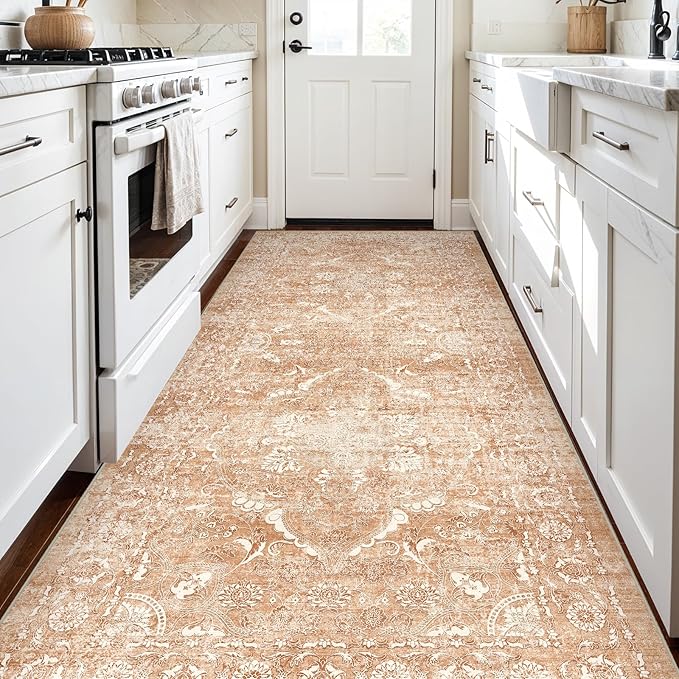 4x8 Washable Hallway Runner Rug - Wide Kitchen Runners Vintage Low Pile Carpet Soft Thin Floor Runner with Rubber Backing for Entryway Bedroom Living Room Home Decor (Brick)