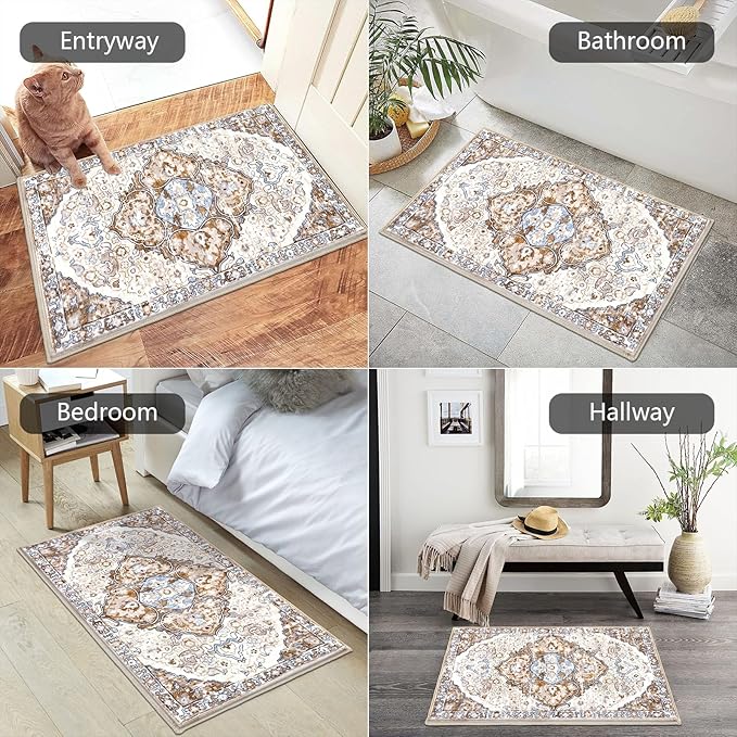HEBE Washable Area Rug - 2'x3' Non Slip Soft Distressed Medallion Bedroom Boho Living Room Accent Throw Vintage Entry Floor Carpet for Dining Room Bathroom Entryway