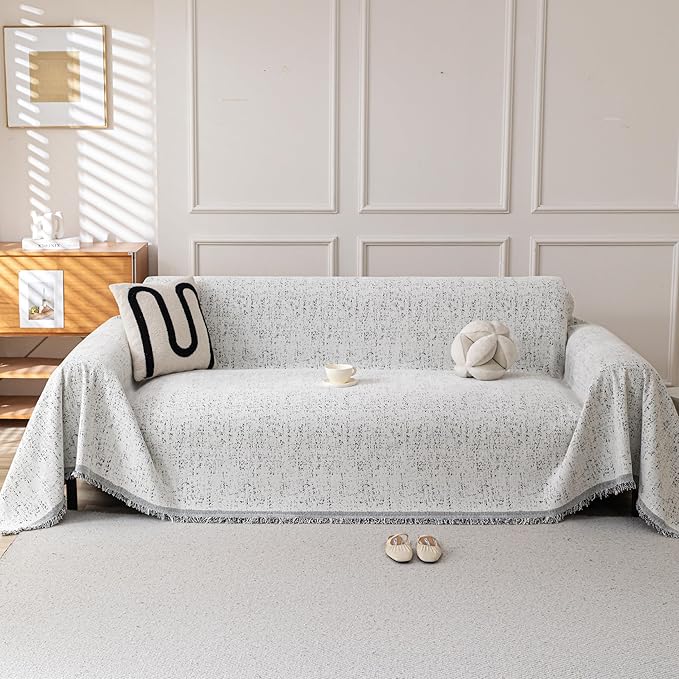 Couch Cover for Dogs, Boho Sofa Covers for 3 Cushion Couch, Chenille Slipcover for Pets Washable, L-Shape Sectional Couch Loveseat Cover Soft Throw Blankets with Tassels(91x134,Speckled Grey)