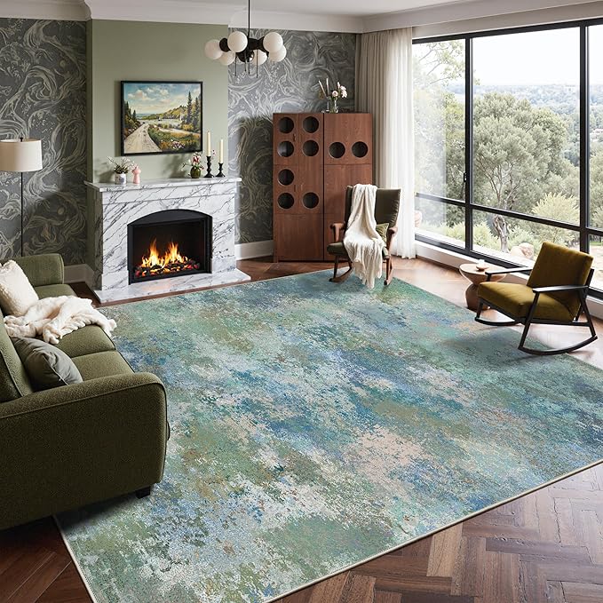 Area Rugs 6x9 for Living Room Bedroom, Modern Abstract Machine Washable Rug, Large Soft Low Pile Floor Carpet with Non Slip Backing for Dining Room, Blue Green