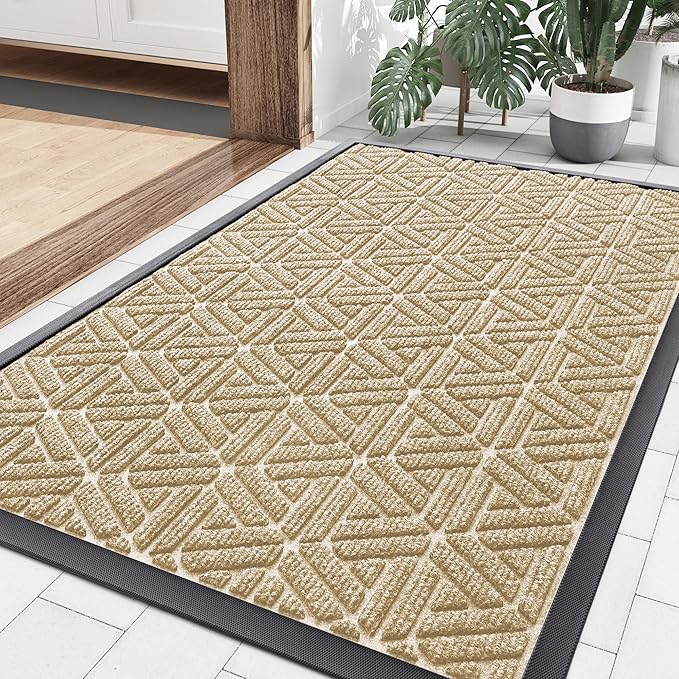Smiry Front Door Mat Outside Entrance, Heavy Duty Sturdy Natural Rubber Doormat, Trap Dirt and Moisture, Easy Clean Low Profile Mats for Indoor Outdoor Entry, Grid Geometric (35x23, Beige)