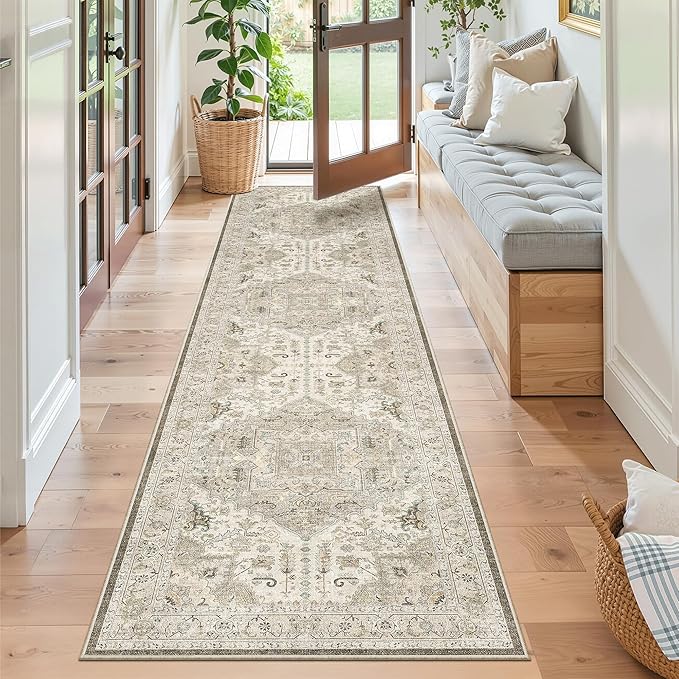 Madane Washable Runner Rug - 2x8 Runners for Hallways Kitchen Non-Slip Runner Rugs Ultra-Thin Laundry Room Rug Throw Carpet Runner for Entrance Living Dinning Room Foyer (Ivory/Brown, 2 x 8)