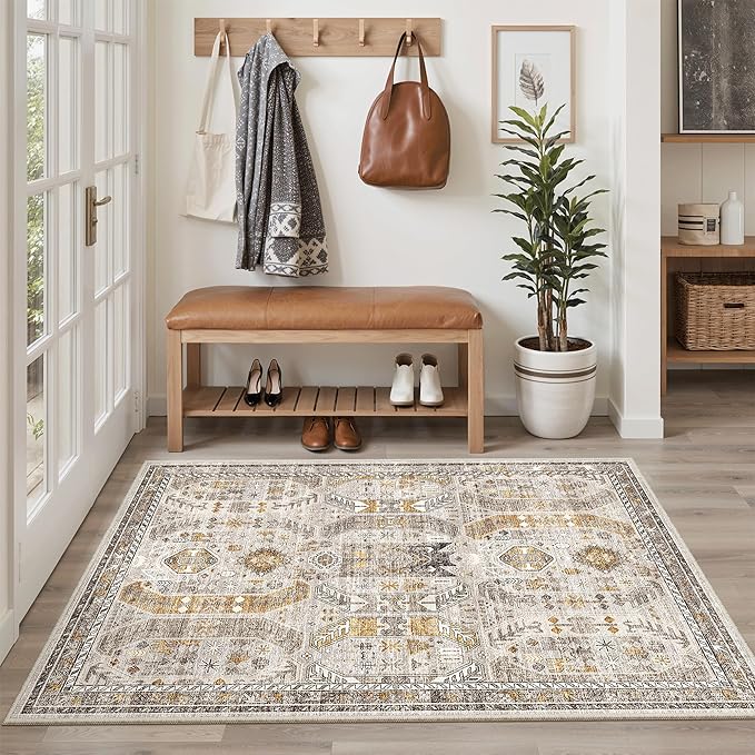 Madane Area Rug 3x5, Washable Entryway Rugs Printed Vintage Rugs for Bedroom Non Slip Indoor Kitchen Runner for Living Room Laundry Room Playroom Soft Non-Slip Floor Carpets, Brown/Gold