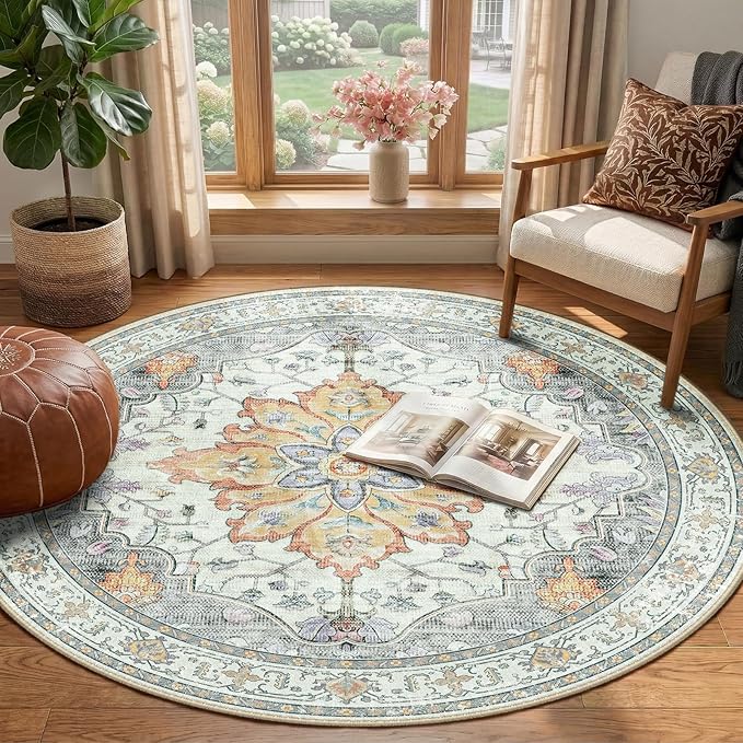Area Rugs 4ft Washable Non-Slip, Floral Vintage Distress Print Pattern Medallion Carpet for Living Room Bedroom Dining Room, Light Yellow Carbon Grey Orange