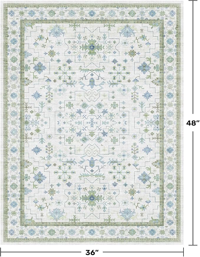 Blue and Green Washable Rugs 3x4 - Vintage Boho Floral Pastel Cream, Washable Low Pile Non Slip Small Throw Accent Area Rug for Bathroom, Door Mat Indoor Entrance, Kitchen, Bedroom Beside Bed Decor