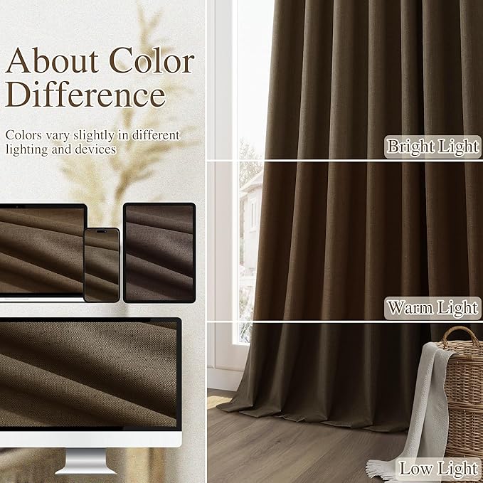 Guken 100% Blackout Curtains 108 Inch Length 2 Panels Set for Living Room Bedroom Back Tab Thermal Insulated Black Out Linen Drapes Room Darkening Chocolate,52x108