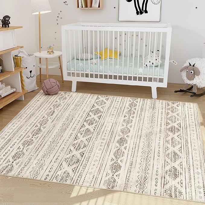 Nakagishi Area Rug Living Room Rugs: 4x6 Soft Machine Washable Boho Neutral Farmhouse Stain Resistant Moroccan Indoor Floor Carpet for Bedroom Nursery Kids Entryway Kitchen Bedside Home- Dark Brown