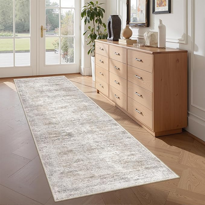 Washable Runner Rugs for Bedroom - 2x6 Runner Rug Non Slip, Ultra-Thin Entryway Runner, Soft Abstract Kitchen Runner for Hallway, Laundry, Indoor Door Mat(2'x6', Brown/Grey/Ivory)