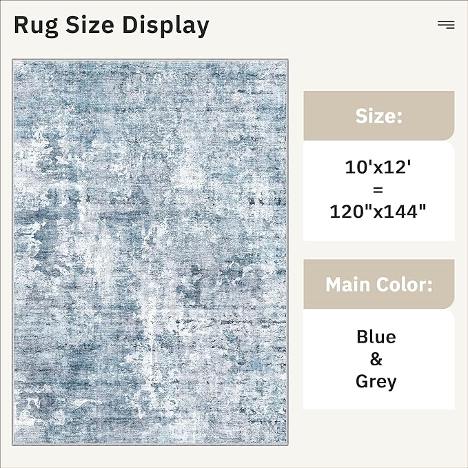 Soalmost Area Rug 10x12 Vintage Washable Living Room Large Carpet Non Slip Bedroom Indoor Office Dining Room Low Pile Thin Rug Blue/Grey