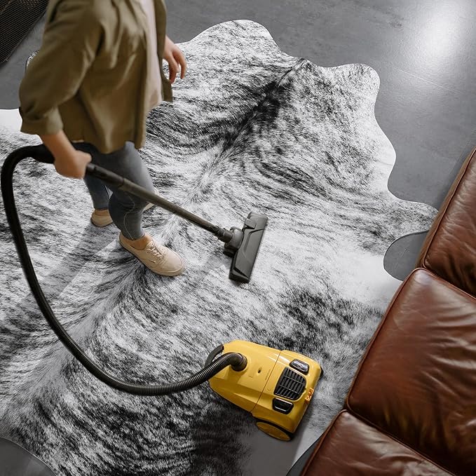 AROGAN 8×10 Feet Western Decor Faux Fur Cowhide Rug, Premium Animal Skin Cow Hide Rug, Sturdy Cow Print Rugs for Wall Decor, Western Floor Carpet for Bedroom Living Room, Black and Grey