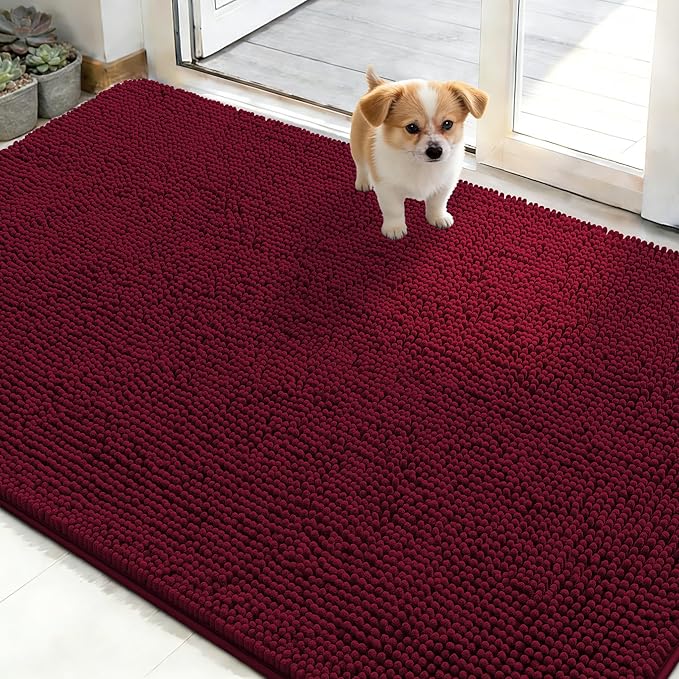 OLANLY Dog Door Mat for Muddy Paws 50x30, Absorbs Moisture and Dirt, Absorbent Non-Slip Washable Doormat, Quick Dry Chenille Mud Mat for Dogs, Entry Indoor Entryway Carpet for Inside Floor, Burgundy