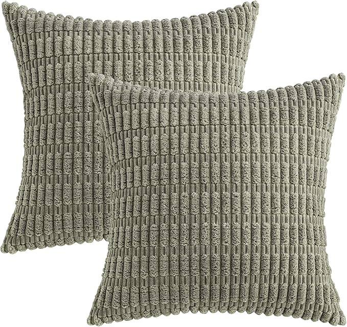 MIULEE Pack of 2 Corduroy Decorative Throw Pillow Covers 16x16 Inch Soft Boho Striped Pillow Covers Modern Farmhouse Home Decor for Summer Sofa Living Room Couch Bed Light Olive Green