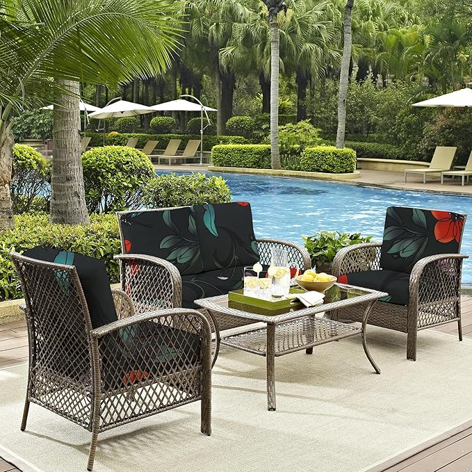 8Pcs Outdoor Cushion Covers, Patio Cushion Covers,Stretch Elastic Slipcovers, Replacement Washable & Reusable Furniture Protector for Patio Couch (Peony-Pattern,Cover Only)