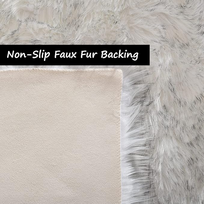 Goolela Sheepskin Area Rug 6x9 Fluffy Fuzzy Furry Faux Fur Rug for Living Room Bedroom Plush Luxury Rectangle, White with Grey Tips