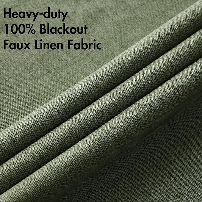 MIULEE 100% Blackout Linen Textured Curtains for Bedroom Solid Thermal Insulated Olive Green Grommet Room Darkening Curtains & Drapes Luxury Decor for Living Room Nursery 52 x 120 Inch (2 Panels)