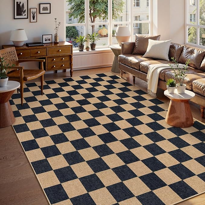 Lahome Colette Checkered Easy Jute 8x10 Rug, Washable Rugs for Living Room Office, Farmhouse Neutral Non Slip Non Shedding Stain Resistance Indoor Outdoor Carpet for Balcony Patio Classroom